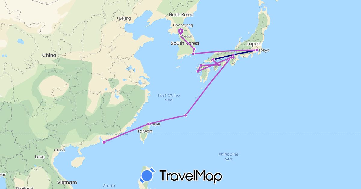 TravelMap itinerary: driving, train in China, Japan, South Korea, Taiwan (Asia)